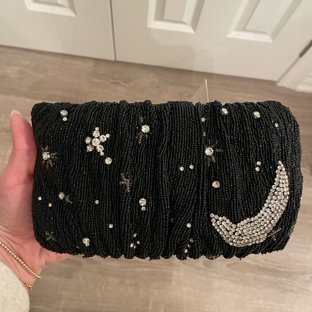STAUD Black and Silver Beaded “Starry Night” Clutch Bean Bag NWT